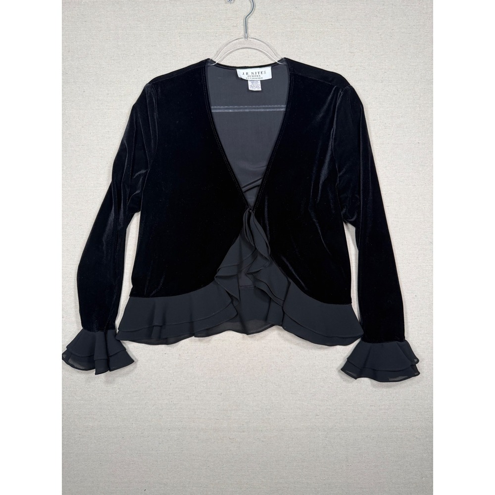 J.R. Nites Petites Black Velvet Ruffle Chiffon Evening Jacket Bolero Size 14P